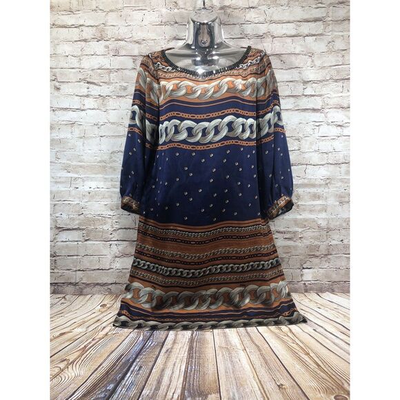 HALE BOB embellished chain link print silk dress navy brown womens sz xs - Picture 6 of 9